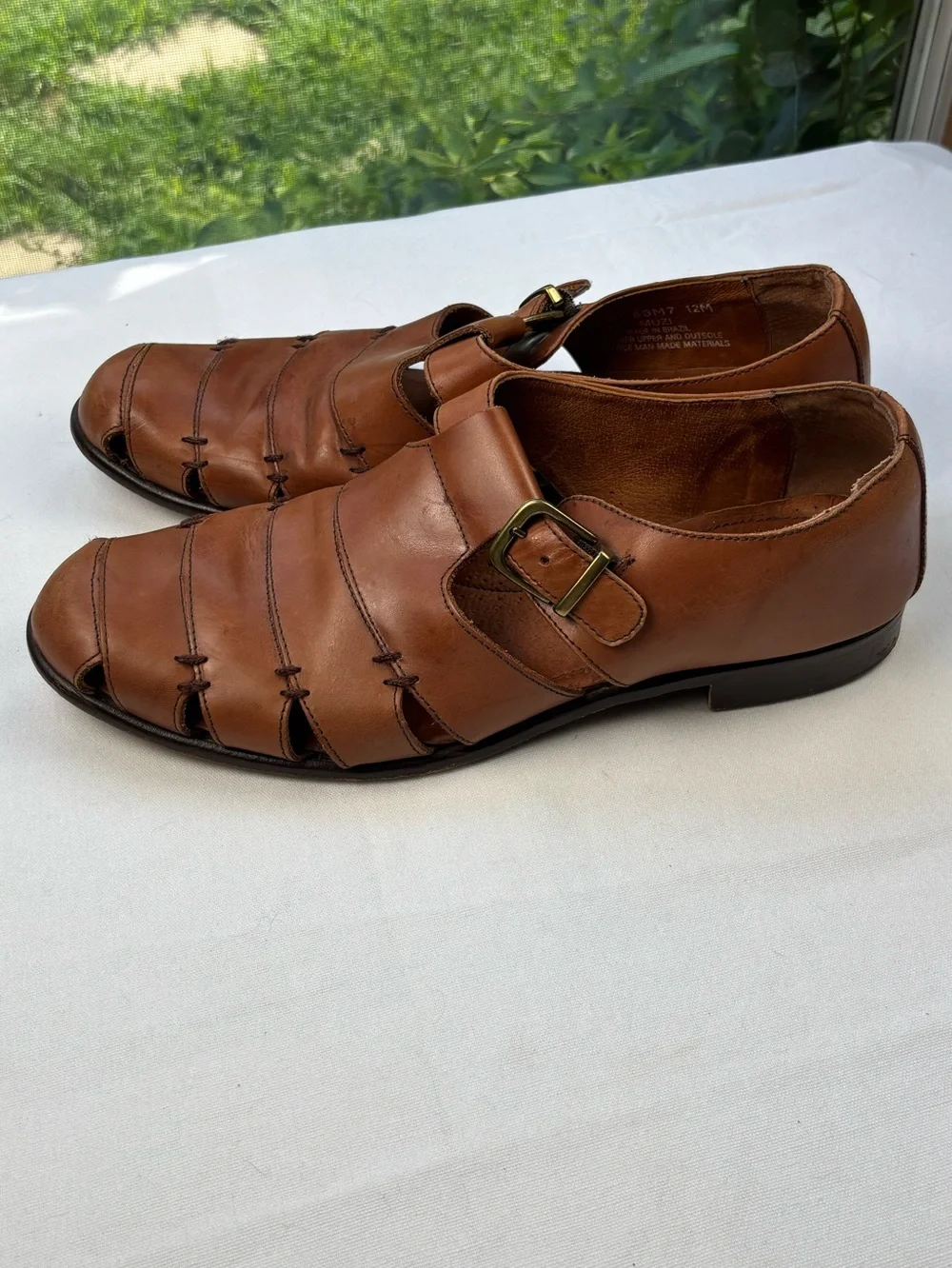 Bass Muzi Loafers British Tan Men’s Size 12 Leather Monk Strap Sandals w/Buckle